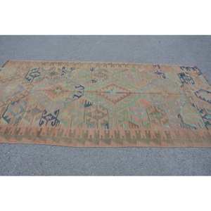 Classic Kilim Rug 4.9 X 9.8ft Handmade Brown Green Polyester Wool Latex Vintage Turkish Rectangle Patchwork Design for Living - Product Image 3