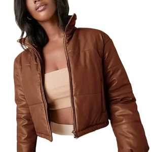<b>Women</b> Clothing Pu Leather Cropped Puffer <b>Jacket</b> Customized <b>Zip</b> <b>up</b> Top Design <b>Women</b> Leather <b>Jacket</b> - Product Image 1