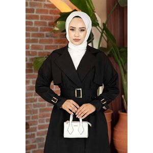 Gabardina negra para mujer con cinturón extraíble y manga ajustable-Prendas de abrigo cómodas - Product Image 2