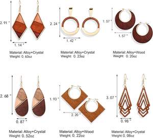6 pares de pendientes de madera, Pendientes colgantes de lágrima ligeros, pendientes geométricos étnicos africanos, joyería, regalos para mujeres y niñas - Product Image 5