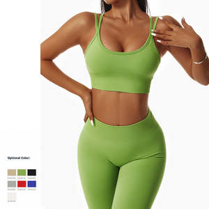 Conjuntos largos de 2 piezas de alta calidad para mujer, Sujetador deportivo de entrenamiento de gimnasio de melocotón para mujer, pantalones cortos, conjuntos de Yoga sin costuras acanalados para mujer - Product Image 4