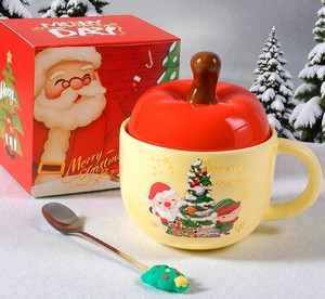 Festive Apple Shaped 400ml Ceramic Christmas Mug with Santa & Elf Design Party Coffee <b>Cup</b> with Lid for Cold & Hot Drinks - Product Image 2
