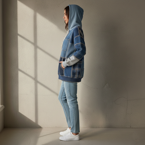 OEM Custom Scrap Fabric Design Winter Women's Front Logo Hoodie Sustainable Fashion Reworked Denim and <b>Flannel</b> Pullover - Product Image 5