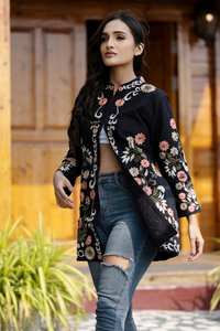 Style bohème 100% coton brodé ethnique Long manteau pour femmes noir à manches longues veste respirant écologique Anti-rides - Product Image 6