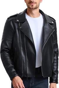 Vestes en cuir pour hommes, veste bomber en simili cuir pour hommes, col à revers asymétrique, fermeture éclair, coupe ajustée, veste de motard - Product Image 5