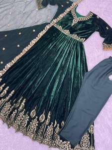 Vestido y pantalón Anarkali de trabajo de bordado de secuencia pesada de terciopelo viscosa de estilo indio con diseñador indio Dupatta listo para usar - Product Image 6