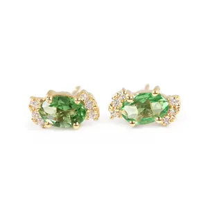 14k Yellow Gold Natural Diamond Oval Tsavorite Green Gemstone Daily Wear Tiny Stud Earrings Minimalist Fine Jewelry Wholesaler