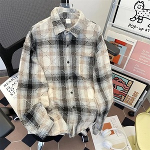 Manteau en laine à carreaux pour hommes, coupe ample, printemps-automne, veste chemise vintage, veste de qualité style moto pour jeunes - Product Image 6