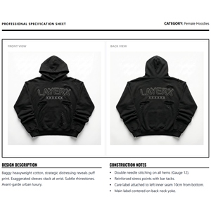 Sweat à capuche personnalisé pour femme 2026, poids lourd, 500 g/m², polaire polyester/coton, effet vieilli, strass, impression 3D en relief, badge, streetwear - Product Image 6