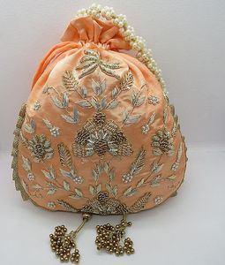 ELEGANT & BEAUTIFUL RAW SILK POTLI BAGS EMBELLISHED CRYSTAL GLASS BEADS,STONE, RESHAM EMBROIDERY for PARTY-WEAR/<b>WEDDING</b> @ 2024 - Product Image 1