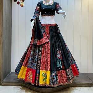Women Traditional <b>Lehenga</b> Choli Pure Cotton Ikkat Print and Gamthi Hand Work Floor-Length Reversible - Product Image 1
