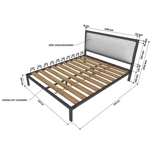 Lit double GN68039 au design japonais moderne avec cadre en fer et bois de caoutchouc massif, taille Queen, mobilier de chambre à coucher - Product Image 6