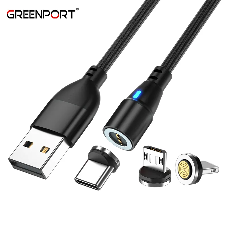 GreenPort 2022 newest version 3 in 1 magnetic cable charger 360 rotation 18W 3A fast charging magnetic cable data transfer wire