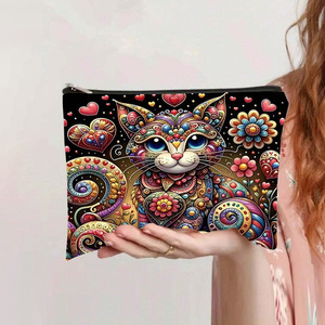 Vintage Cat Print Canvas Pencil Case <b>Large</b> Capacity Cosmetic <b>Bag</b> Zipper Closure Polyester <b>Makeup</b> Organizer - Product Image 4