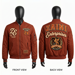 Chaqueta Bomber para Hombre, 220 GSM, Nailon Premium, Satén, Color Marrón Óxido, Bordado Chenille, Parche con Logotipo Personalizado, Tejido de Punto Acanalado, Ropa Casual - Product Image 1