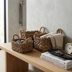 Natural Banana Bark Storage <b>Basket</b> Set Chunky Cross Knot Braid <b>Rectangular</b> Bin Arch Handle Tray Pure Art Setup Room Decor Crafts - Product Image 5