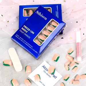 <span class=keywords><strong>Uñas</strong></span> postizas de otoño, <span class=keywords><strong>cortas</strong></span>, cuadradas, <span class=keywords><strong>color</strong></span> verde nude con rayas doradas, <span class=keywords><strong>uñas</strong></span> acrílicas brillantes de moda, venta al por mayor. - Product Image 3