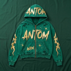 Sudadera con capucha amarilla con cremallera para hombre, estilo urbano, oversize, de algodón tejido con estampado de letras de dibujos animados y diseño de llamas, primavera - Product Image 6