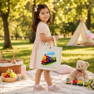 Bolsa de lona para niños con diseño de tren colorido, reutilizable para juguetes y libros - Product Image 3