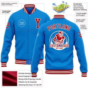Veste universitaire personnalisée vintage à boutons-pression pour homme en bleu poudré rouge-blanc Bomber coupe-vent Streetwear pour l'hiver - Product Image 2