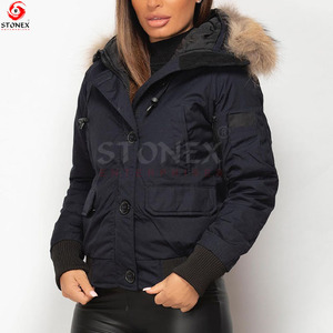 Chaqueta de bombardero con capucha de piel natural Botón y cierre de cremallera Capucha cálida con chaquetas de moda de piel desmontable - Product Image 5