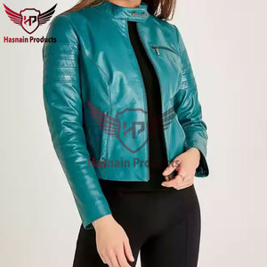 Womens Real Teal Leather Biker Jacket Stand Collar <b>Quilted</b> Sleeve Sheepskin Coat Zip Pockets Slim Fit Custom Outwear New Look - Product Image 4