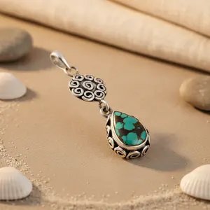 จี้เงินแท้ 925 รูปทรงหยดน้ำประดับเทอร์ควอยซ์ สำหรับผู้หญิง เครื่องประดับอัญมณี พร้อมจี้และชาร์มโมอิสซาไนต์ - Product Image 2