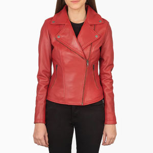 Chaqueta motorista roja de cuero genuino para mujer personalizada | Ropa de abrigo ajustada a la moda para Mujer | Fábrica de proveedores al por mayor OEM ODM - Product Image 1
