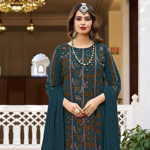 Designer brodé Jari Work Shalwar Kameez robe en soie georgette lourde avec doublure santoon détaillant la séquence pour les mariages - Product Image 1
