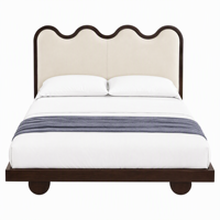 Tête de lit festonnée rembourrée avec cadre aspect bois foncé, couture verticale centrale et poteaux d'angle cylindriques