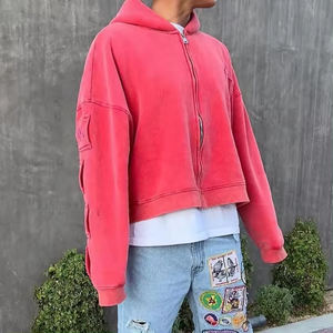 Custom Applique Embroidery Distressed Hoodie Rhinestone Zip up <b>Jacket</b> Acid Wash Vintage Washed <b>Men</b> Fleece Streetwear Hoodie - Product Image 4