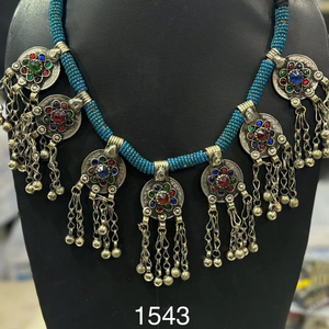 Conjunto de collar de plata oxidada étnica india al por mayor, conjunto de joyería de moda roscada azul para mujer - Product Image 1