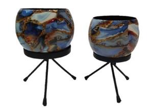 Jardinière en métal blanc avec motif floral bleu et support trépied, pot de plante décoratif pour la maison, l'hôtel, le bureau, le salon - Product Image 4