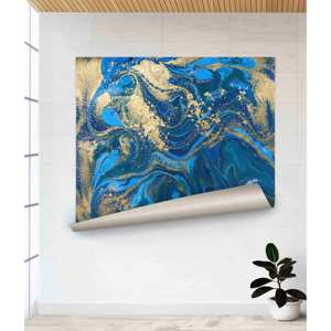 Tableau sur toile imprimé abstrait bleu et or moderne pour une décoration intérieure élégante, affiche enroulée - Product Image 1