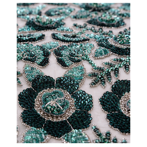 Hand-Embellished Emerald Sequin Beaded Lace <b>Fabric</b> with Woven Design - Product Image 1