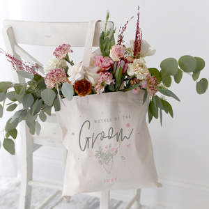 Sac fourre-tout personnalisé à motif floral avec nom, pour la mère du marié, en toile de coton, fermeture ouverte, couleur unie - Product Image 3