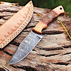 Hoja de acero de Damasco forjada a mano hecha a medida, cuchillo de caza para acampar, funda, soporte OEM, hoja fija, cuchillo para acampar, grado Industrial - Product Image 3