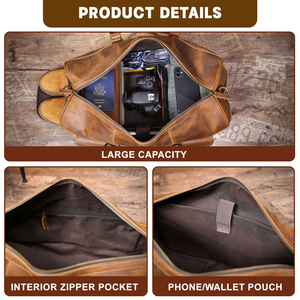 Genuine Leather Foldable Portable Weekender <b>Duffel</b> <b>Bag</b> with Zipper Closure Durable Design and Multiple Pockets for Travel - Product Image 4