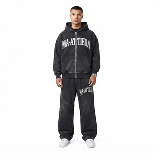 Mens Washed <b>Black</b> <b>Zip</b> Up Hooded Tracksuit Set Decorative Text Print <b>Hoodie</b> and Wide Leg Pants - Product Image 1