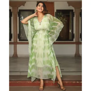 Conjunto de Caftán Tie Dye Verde, Vestido Corto Elegante con Cintura Baja, Talla Grande, Talla Única XS-XL para Fiestas en la Playa y Vacaciones - Product Image 4