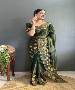 Sari en coton élégant avec broderie moderne, sans chemisier cousu, choix élégant pour les fonctions ethniques, tenue de fête, toujours tendance - Product Image 5