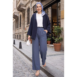 Casual for Tencel <b>Trousers</b> with <b>Elastic</b> <b>Waist</b> and Pockets Indigo Crepe Fabric Breathable Wide Leg Cargo Pants XL Size - Product Image 1