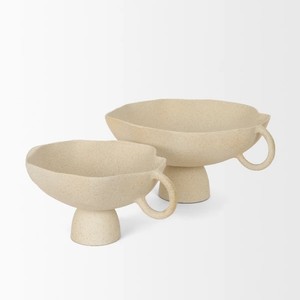 Mercana Radka Beige texturé grand piédestal en métal bol décoratif en aluminium moulé Design organique décor à la maison - Product Image 2