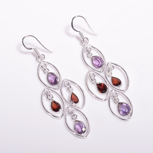 Boucles d'oreilles pendantes en argent sterling 925 de style classique élégant bijoux fins en pierres précieuses mélangées - Product Image 1