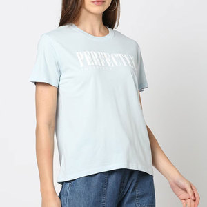 Logo personnalisé imprimé couleur unie femmes t-shirt O cou goutte épaule à manches courtes femmes t-shirt - Product Image 1