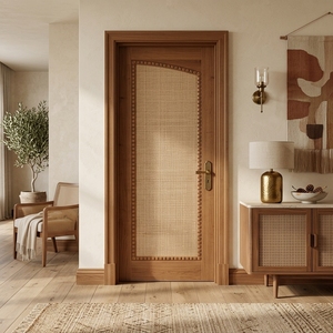 Puerta Interior con Arco de Ratán Natural y Madera de Caoba Sólida, Moldura Arqueada, Acabado Tropical para Decoración de Dormitorio - Product Image 6