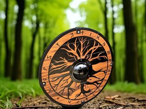 Bouclier Viking médiéval artisanal en bois et en fer, prêt pour les reconstitutions historiques et la décoration de bureau à domicile - Product Image 3