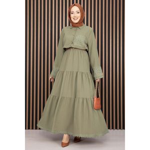 Conjunto de Dos Piezas con Encaje Verde Oliva, Top Corto Informal para Mujer, Falda con Estampado Sólido, Corte Ajustado para Primavera/Verano/Otoño - Product Image 1