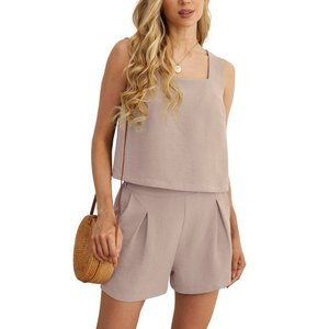 Short sans manches à col carré 2 pièces pour femmes ensemble décontracté haut d'été pour femmes noir S - Product Image 1