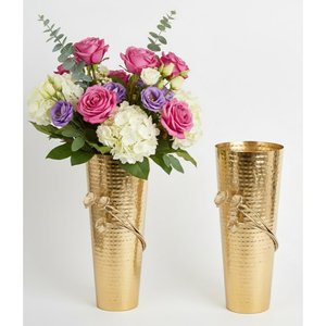 Elegante Florero de Metal Bronce Martillado con Adorno de Hoja de Orquídea Dorada, Forma de Urna Decorativa Única para Decoración Moderna del Hogar - Product Image 3